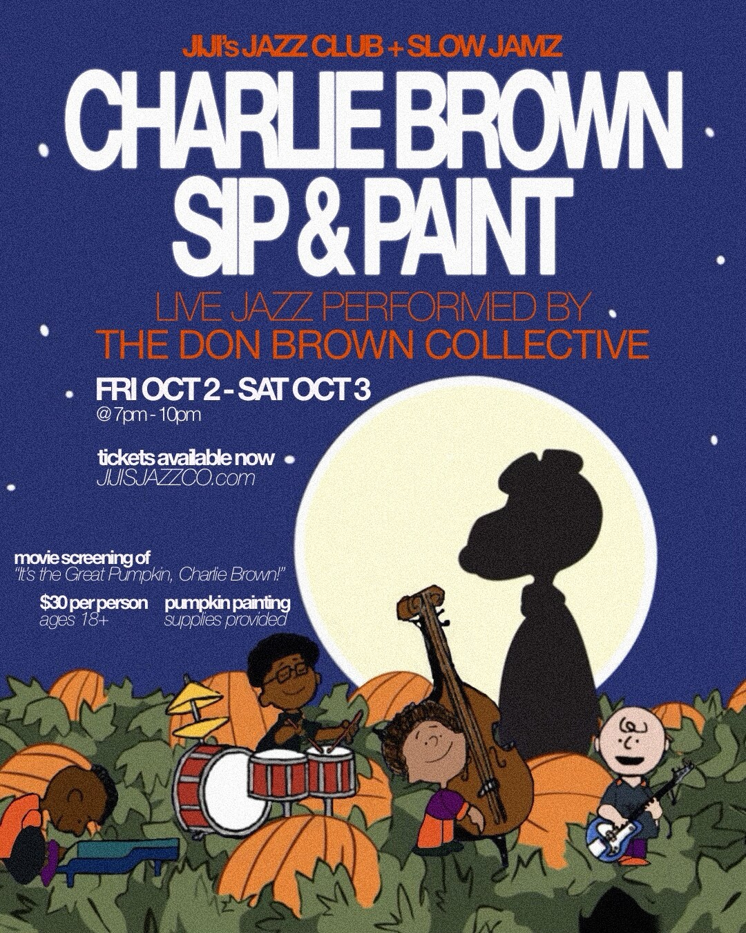 Charlie Brown Sip & Paint flyer for Jiji’s Jazz Club and Slow Jamz in Los Angeles.