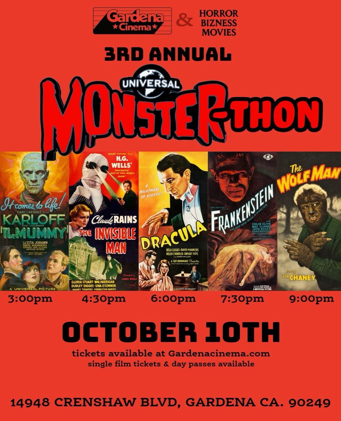 Universal Monster-Thon movie-marathon flyer listing five classic films at Gardena Cinema.
