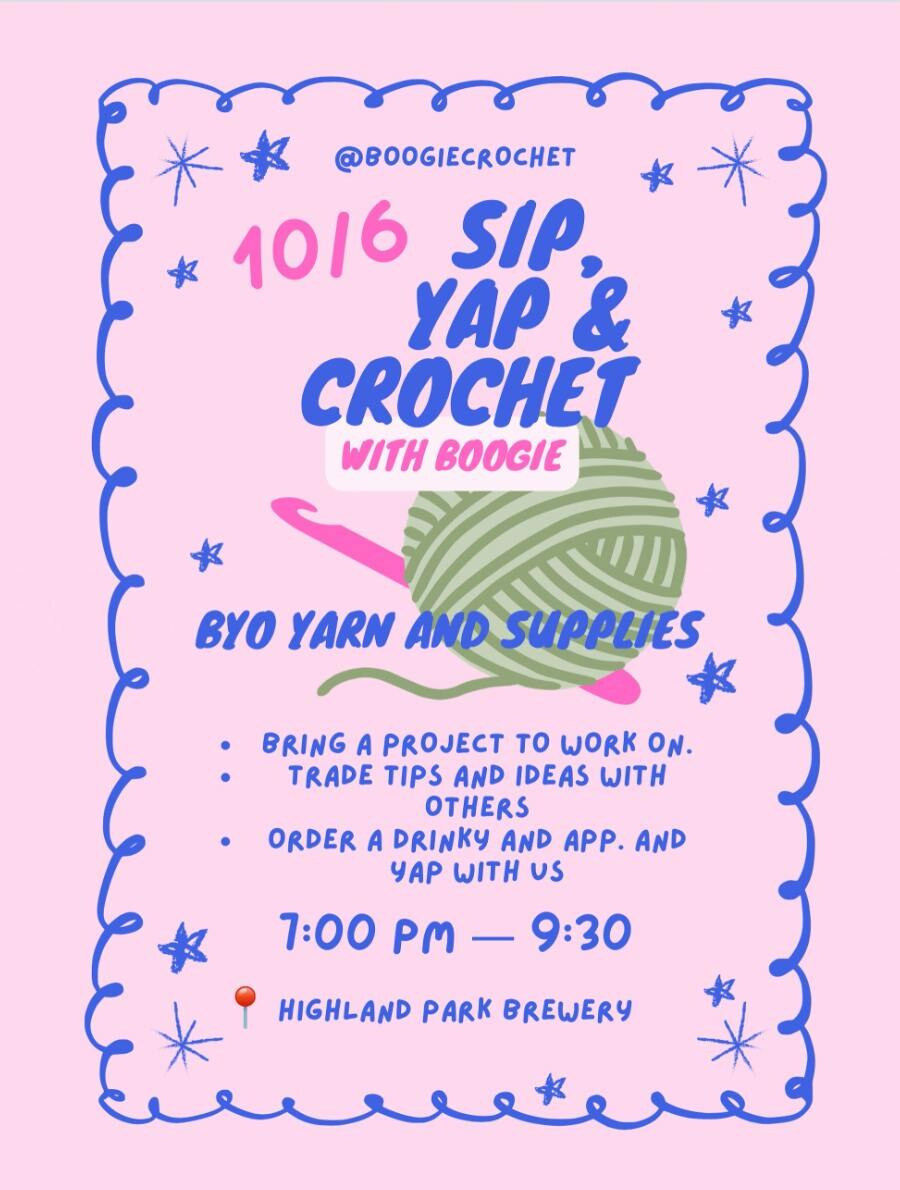 Sip, Yap, & Crochet official event flyer