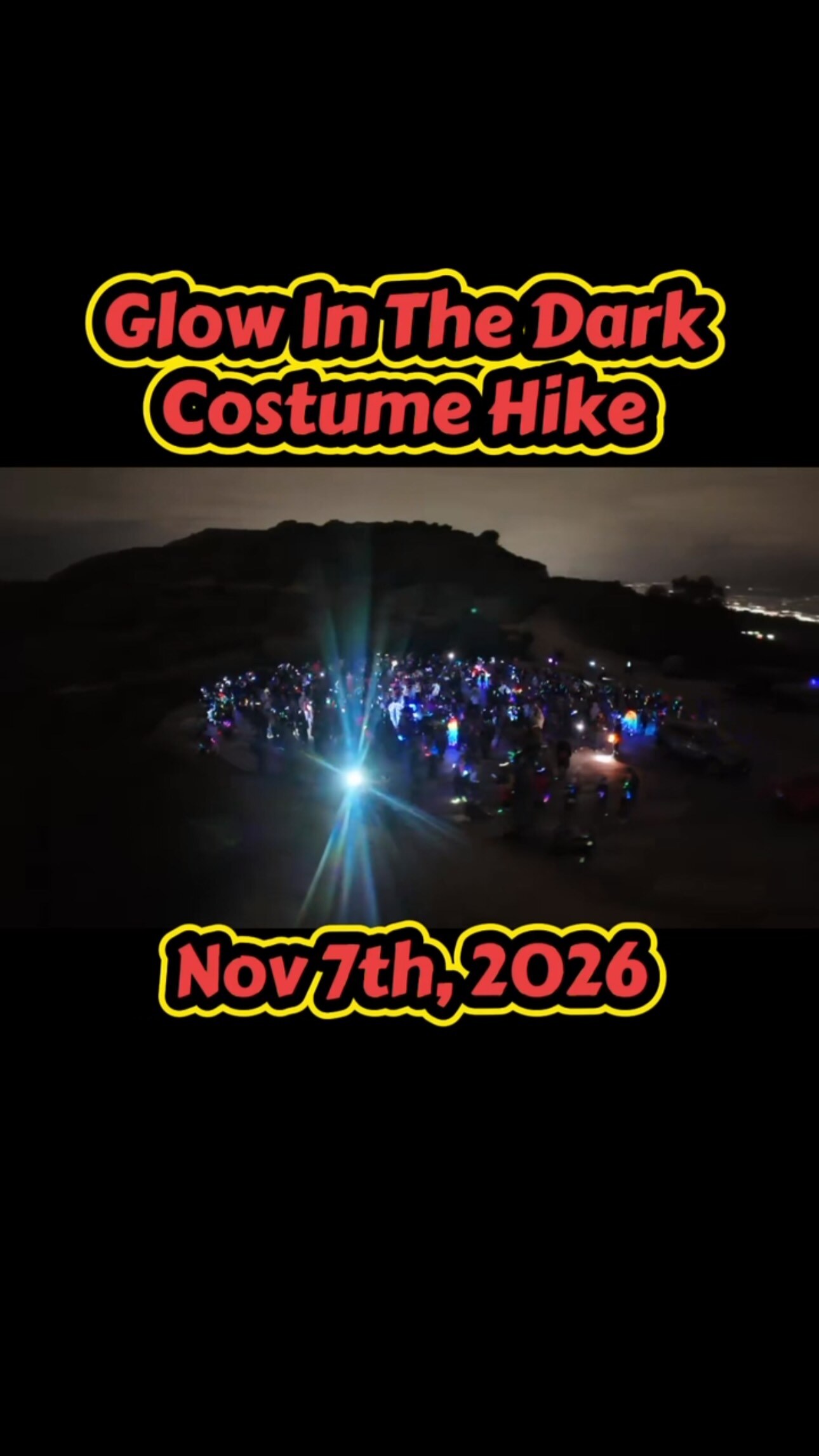 Glow In The Dark Costume Hike flyer showing hikers' lights at night and the date November 7, 2026.