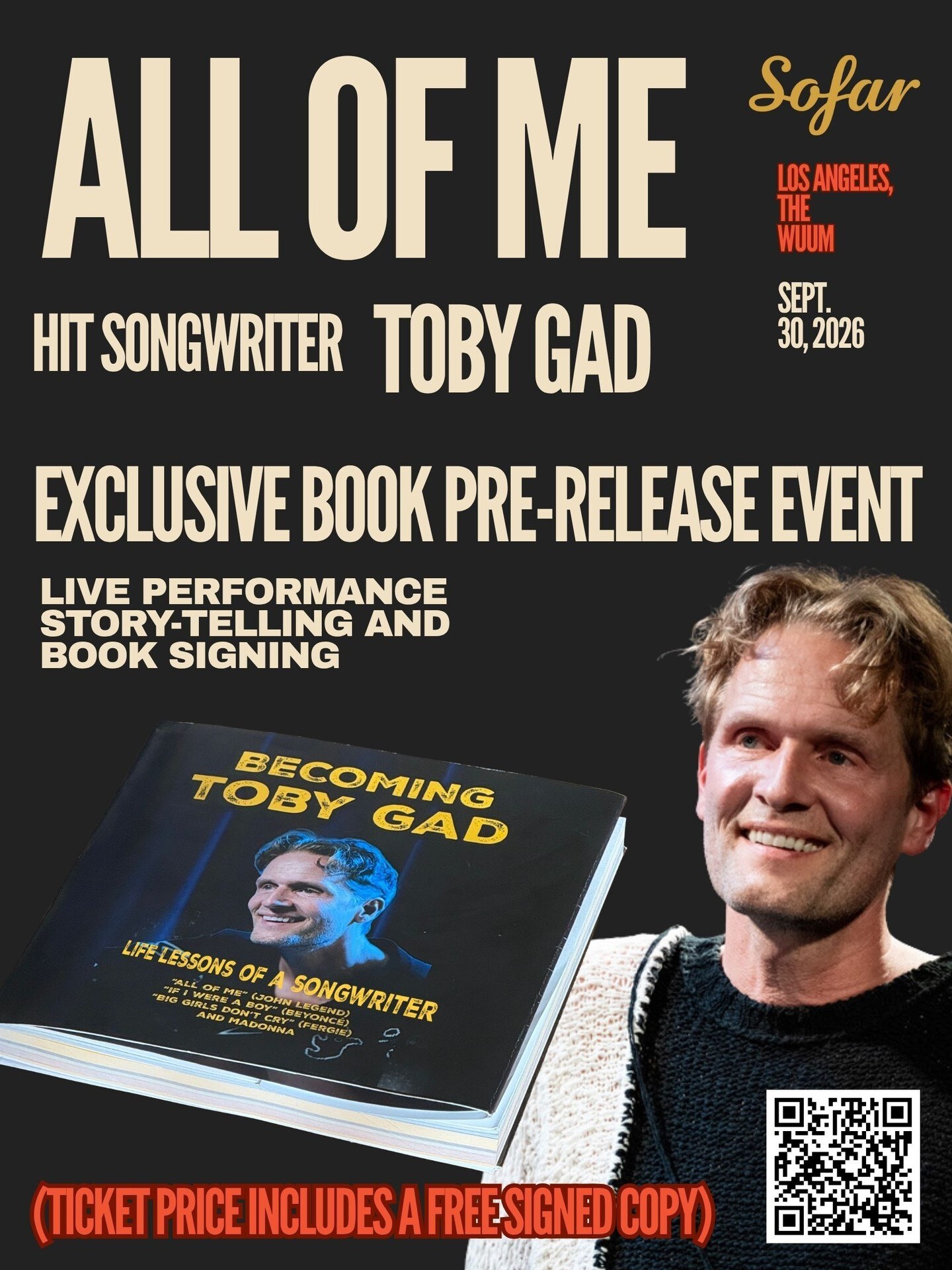 ALL OF ME flyer announcing Toby Gad at the Wu:uM on September 30, with a book signing and live performance.