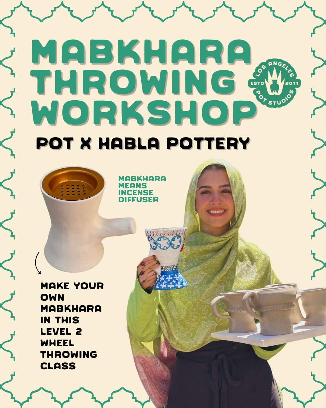 Mabkharas cultural wheel-throwing workshop flyer for September 18 and 25 at POT Gardens