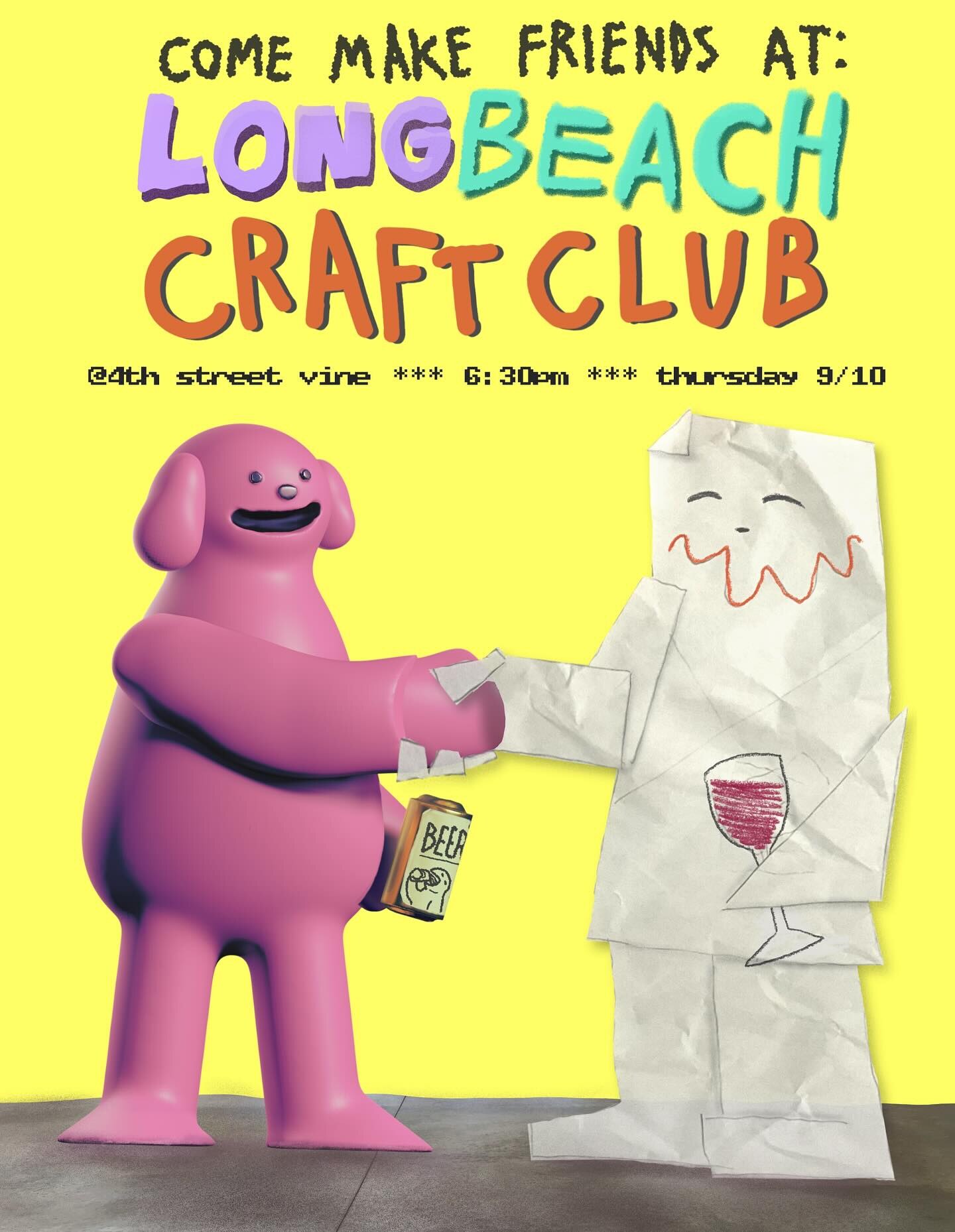 Yellow Long Beach Craft Club flyer for a September 10 meetup at Vine