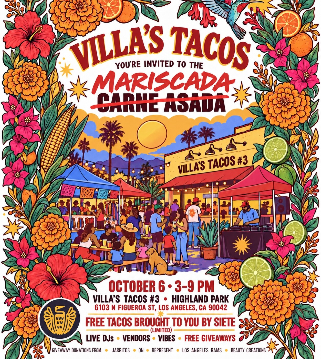 Villa’s Tacos Mariscada flyer for October 6, 3–9pm at Villa’s Tacos #3 in Highland Park.
