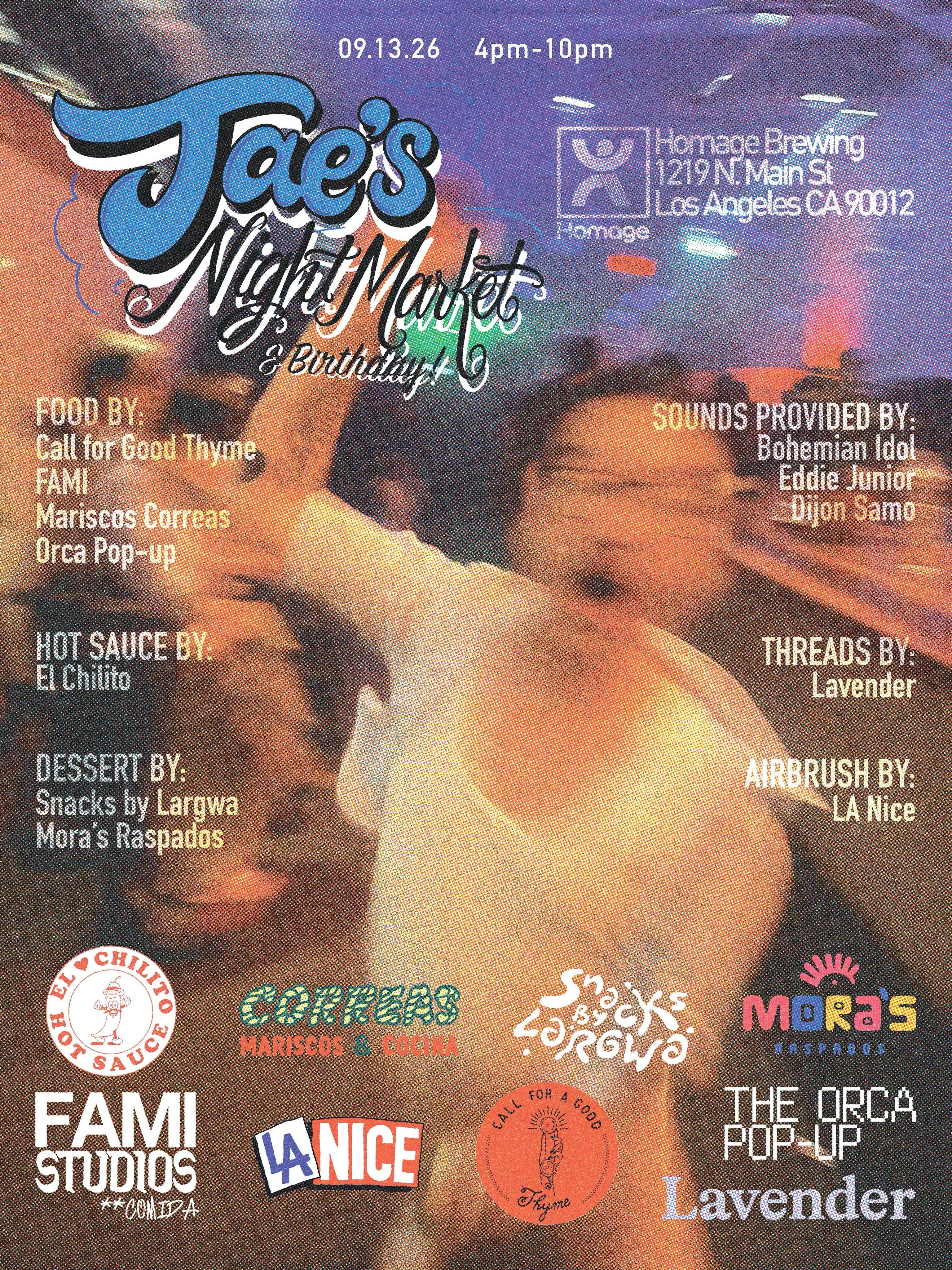 Jae’s Night Market and Birthday flyer with vendors and DJs for September 13