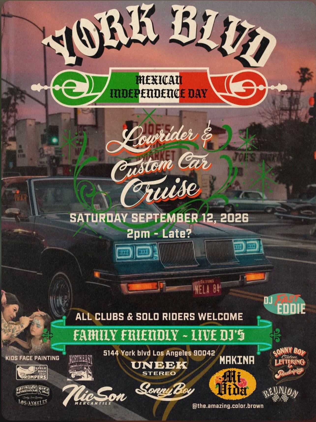 Highland Park Cruise Night Mexican Independence Day flyer for York Boulevard on September 12