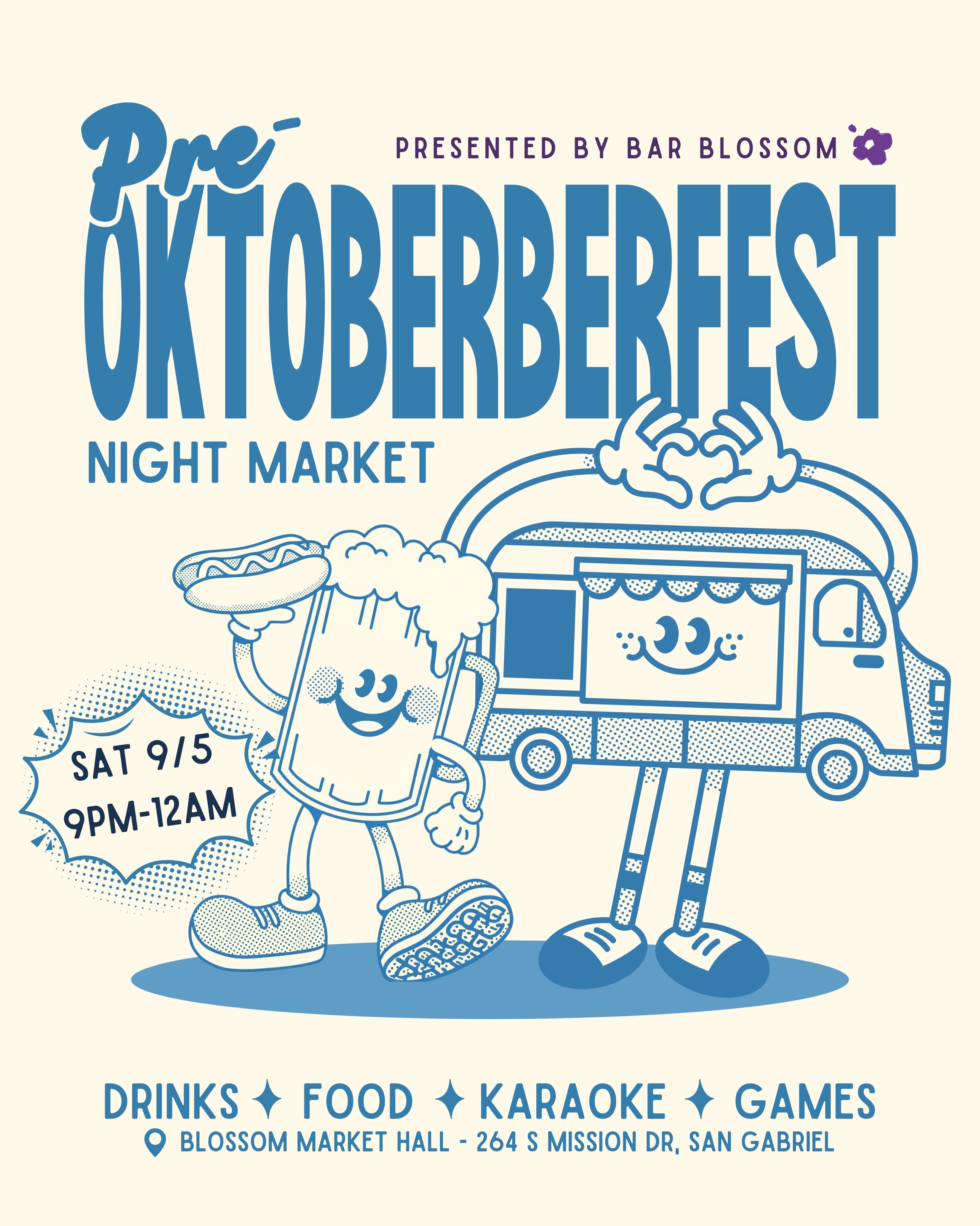 Pre-Oktoberfest Night Market flyer for Bar Blossom at Blossom Market Hall