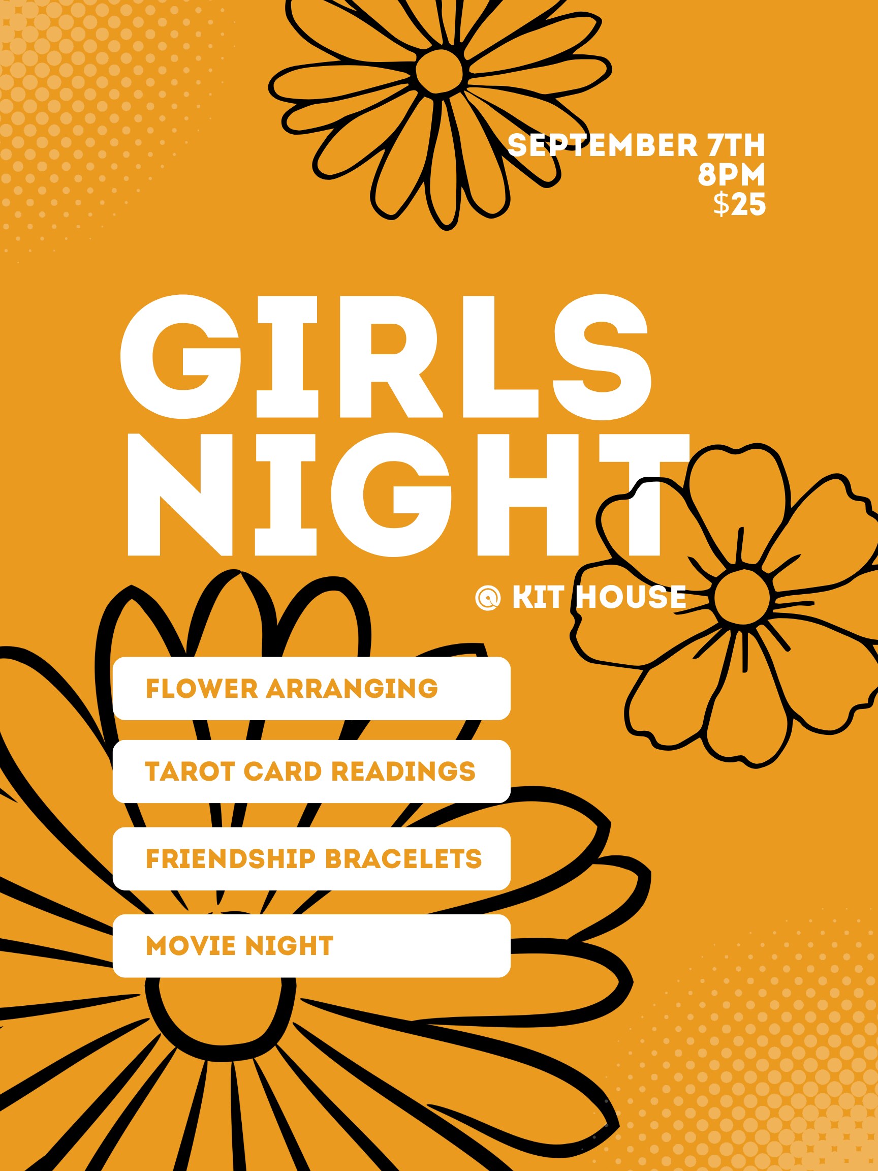 Girls Night at Kit House flyer listing crafts, tarot and a movie