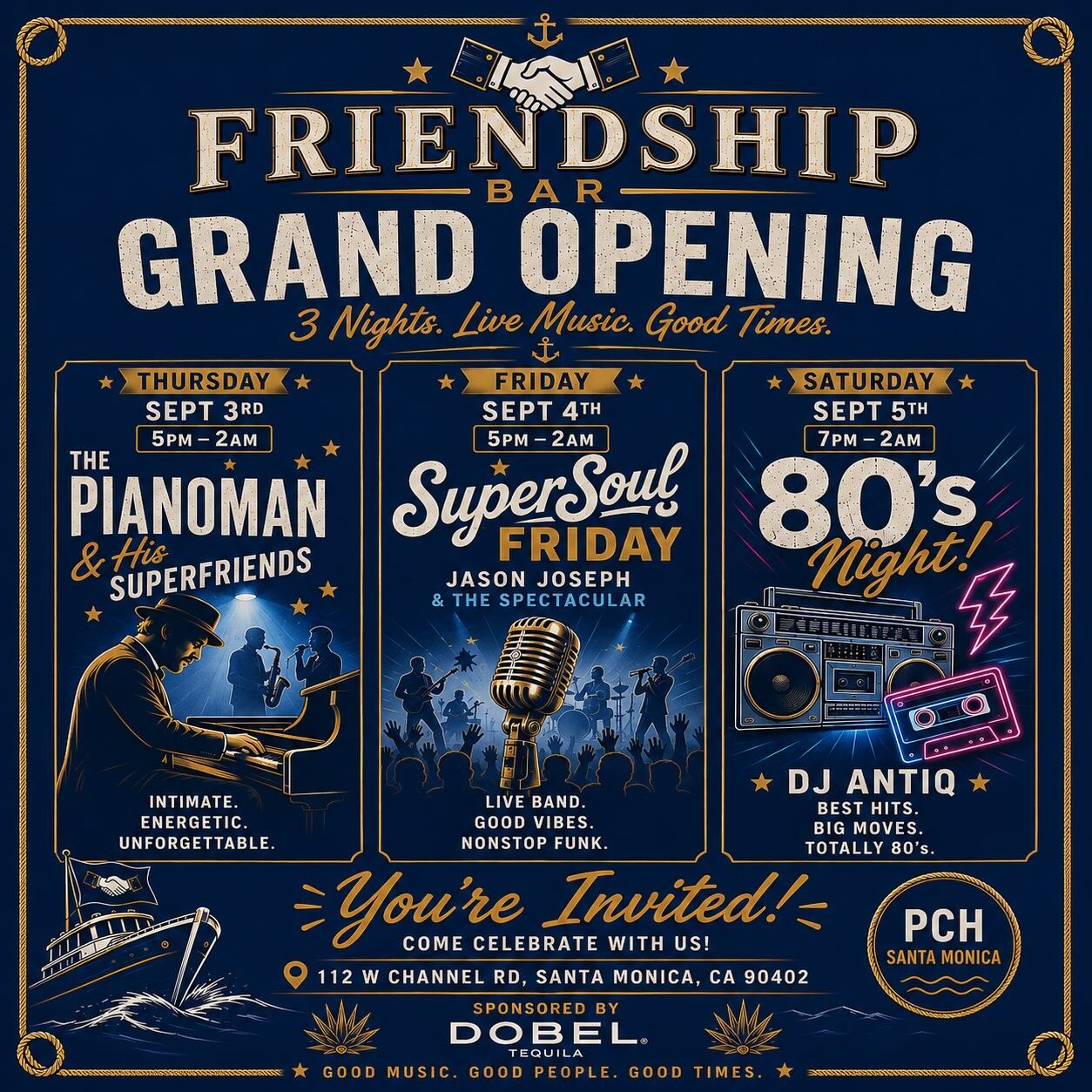 Navy and gold Friendship Bar grand opening flyer listing three nights of live music from September 3 through 5.