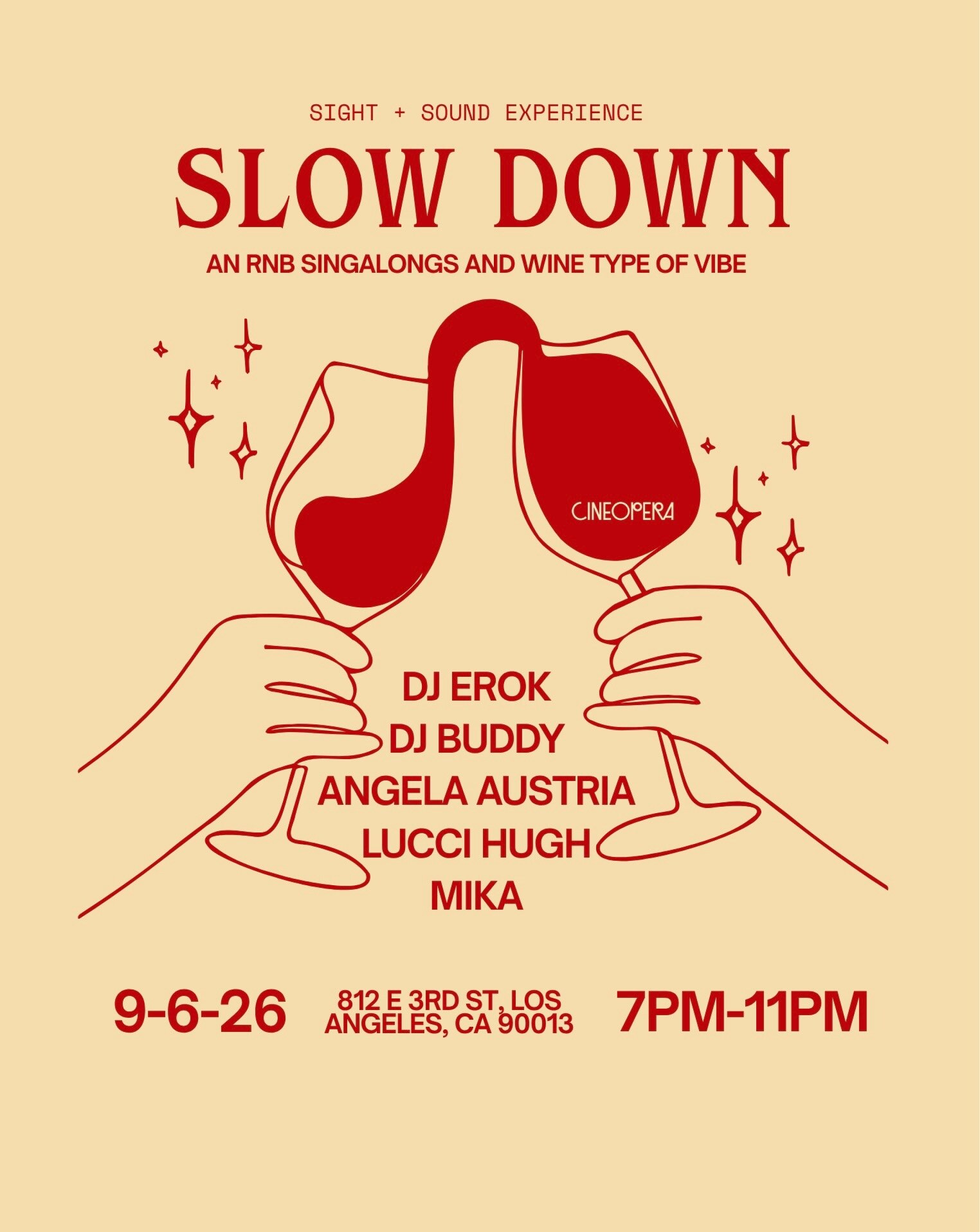Slow Down R&B singalongs and wine event flyer for September 6 at Cineopera