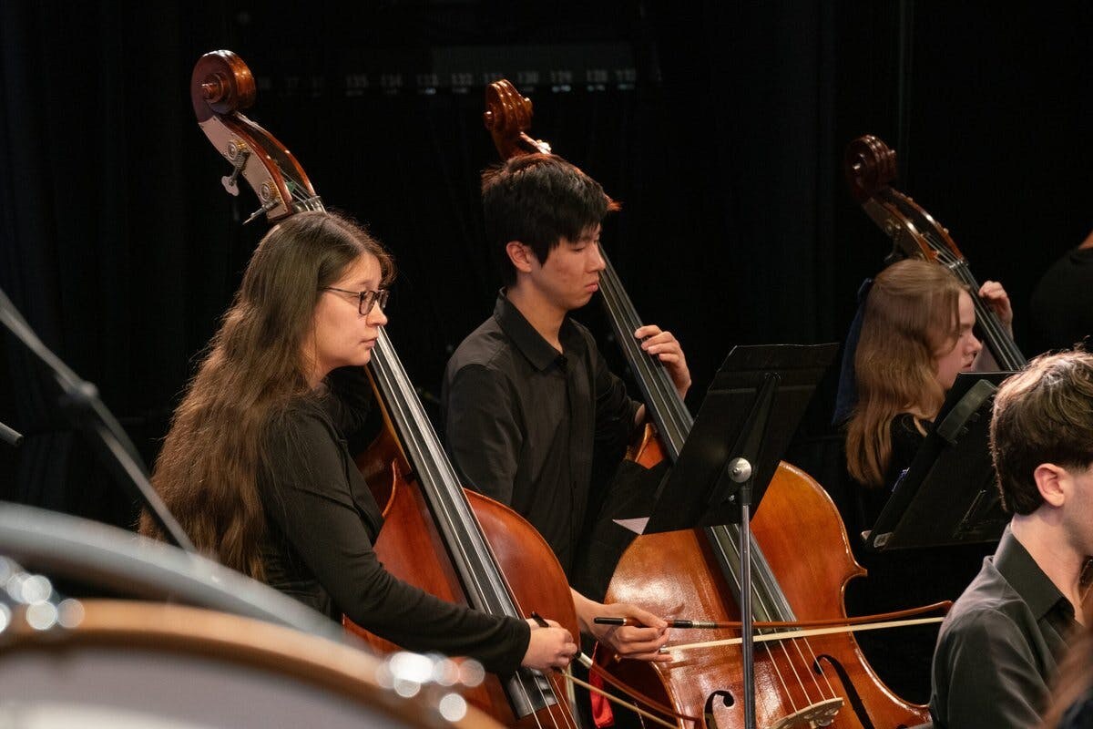 Close up of two standup bass players performing with the UCLA Symphony