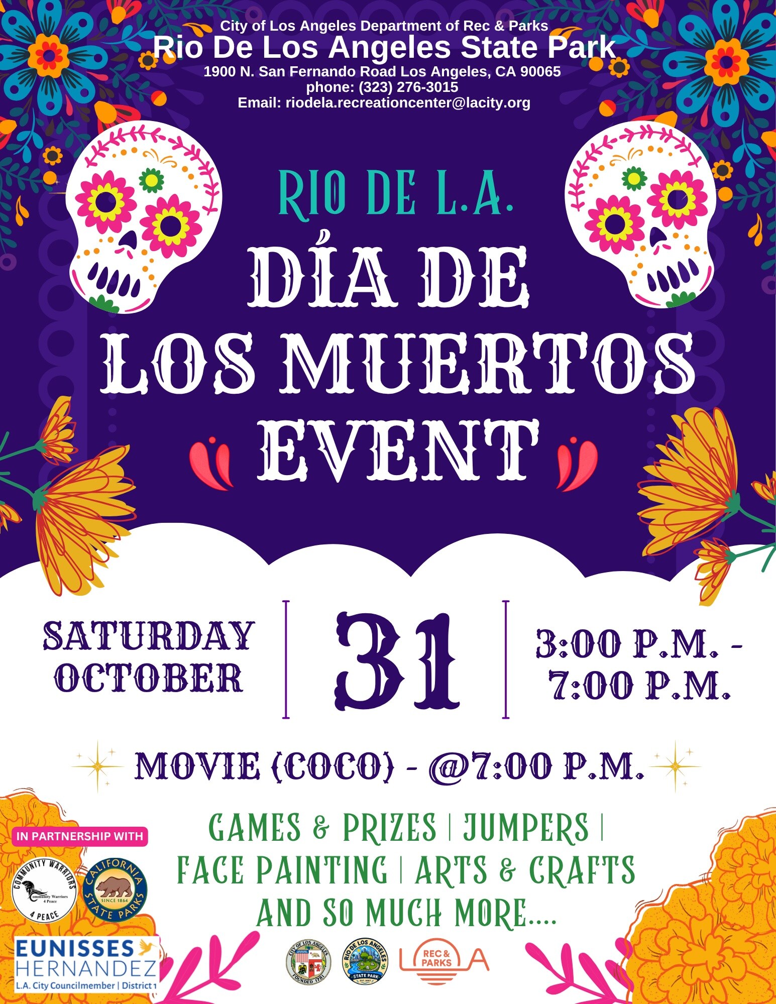 Rio de Los Angeles Día de los Muertos flyer announcing the October 31 family celebration.