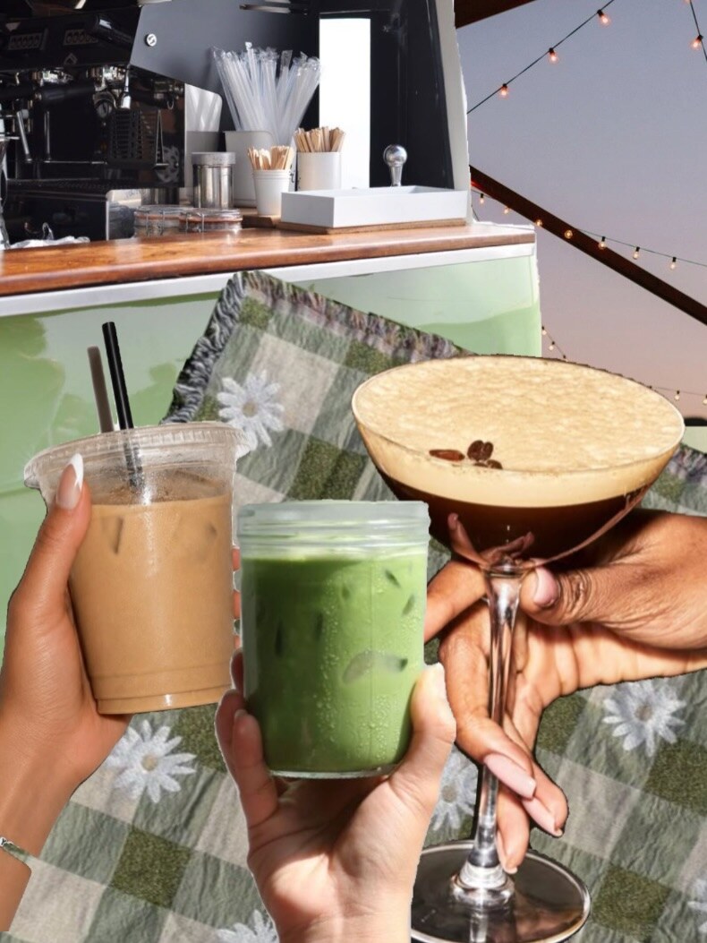 Sofar Venice event collage showing the Bean Bus coffee counter, patio seating, iced coffee, matcha and an espresso martini.