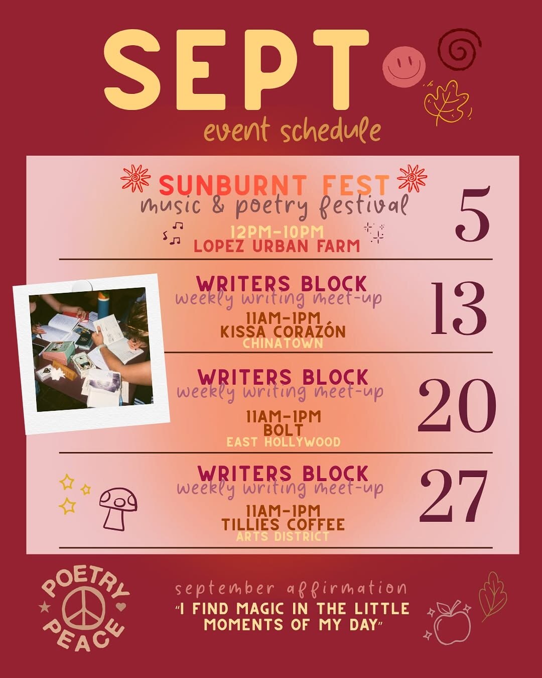Poetry Peace September schedule with Writers Block dates