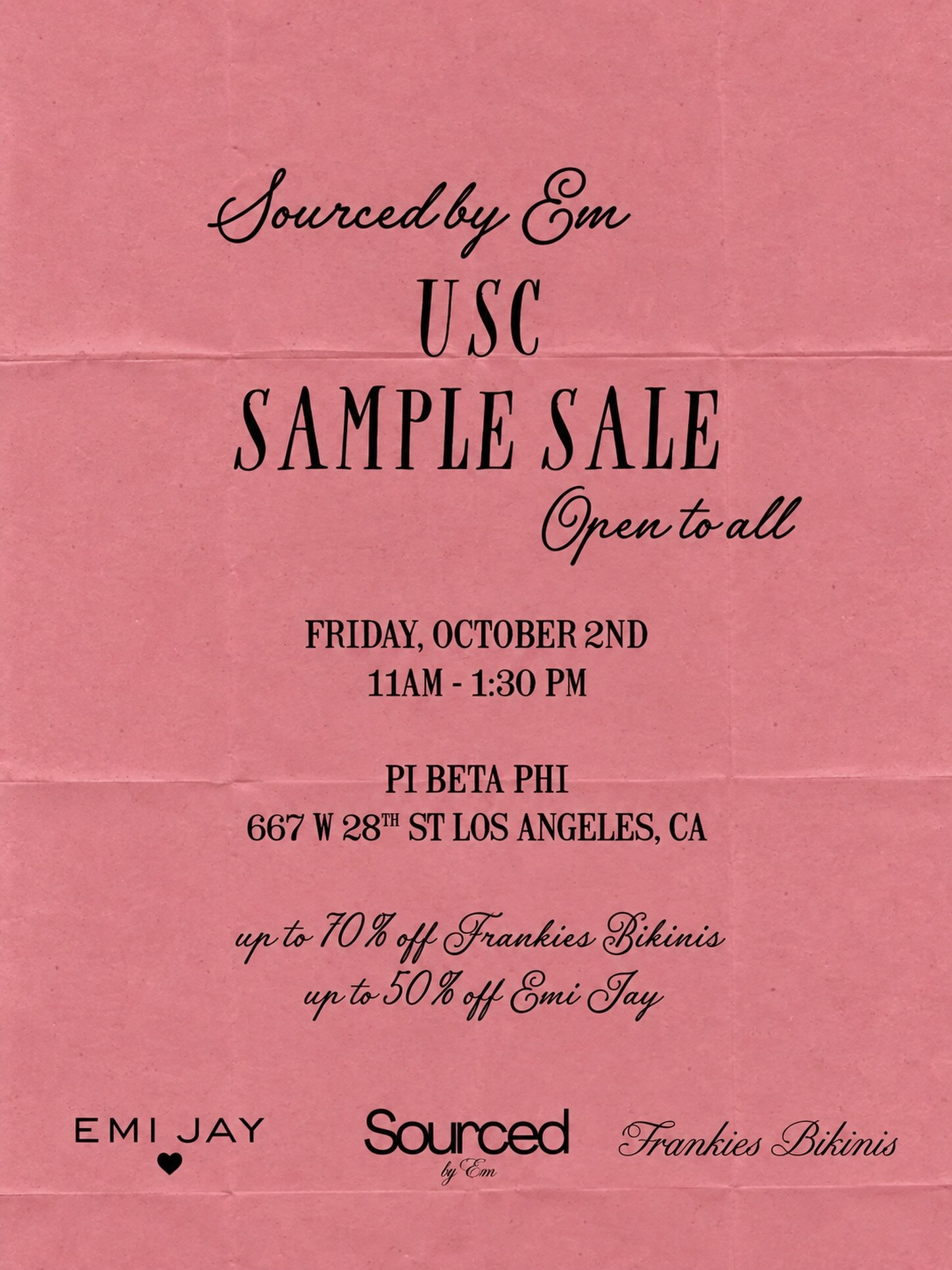 Frankies Bikinis and Emi Jay USC Sample Sale flyer