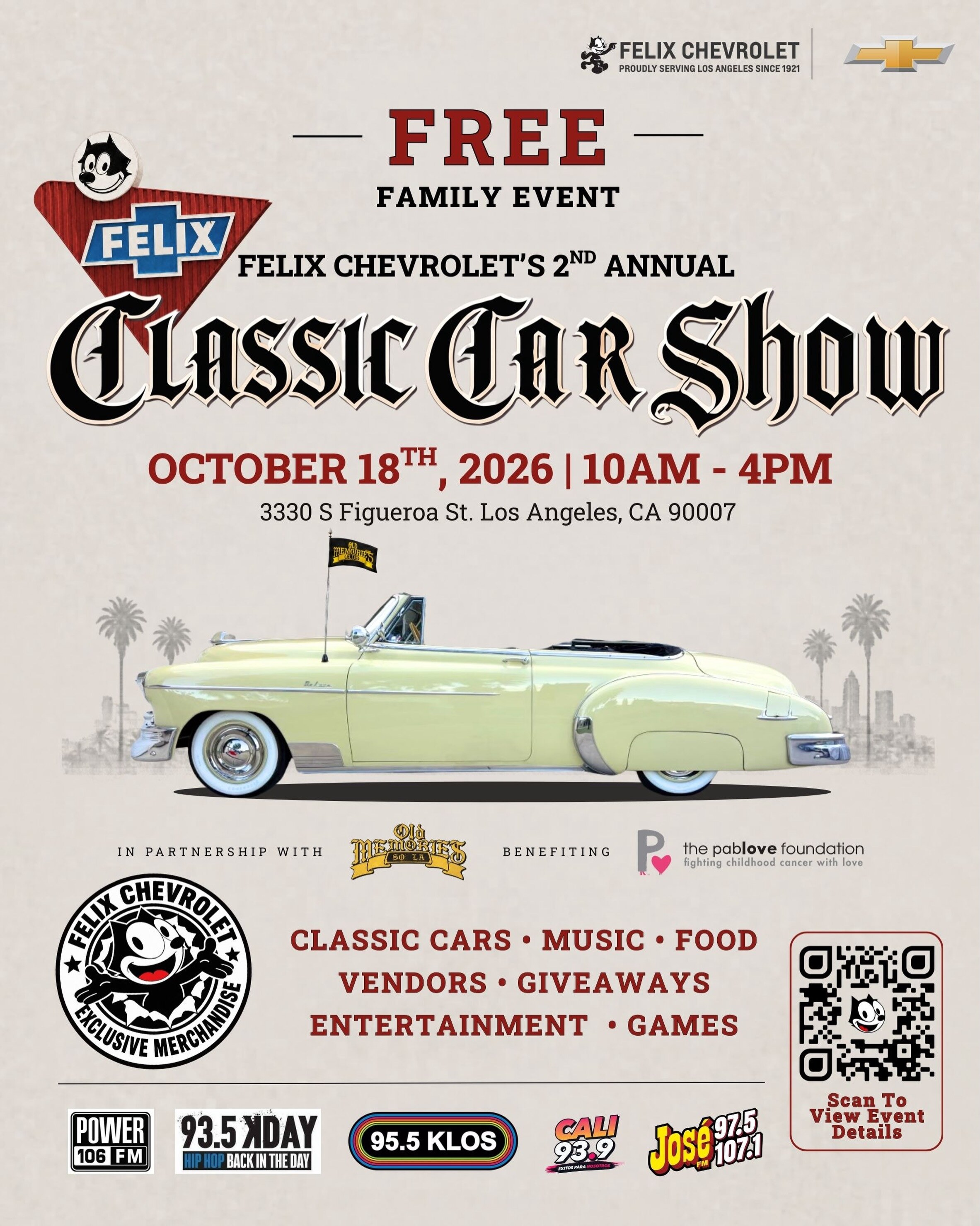 Felix Chevrolet Classic Car Show flyer with the October 18 date, hours, free admission and all-ages notice.