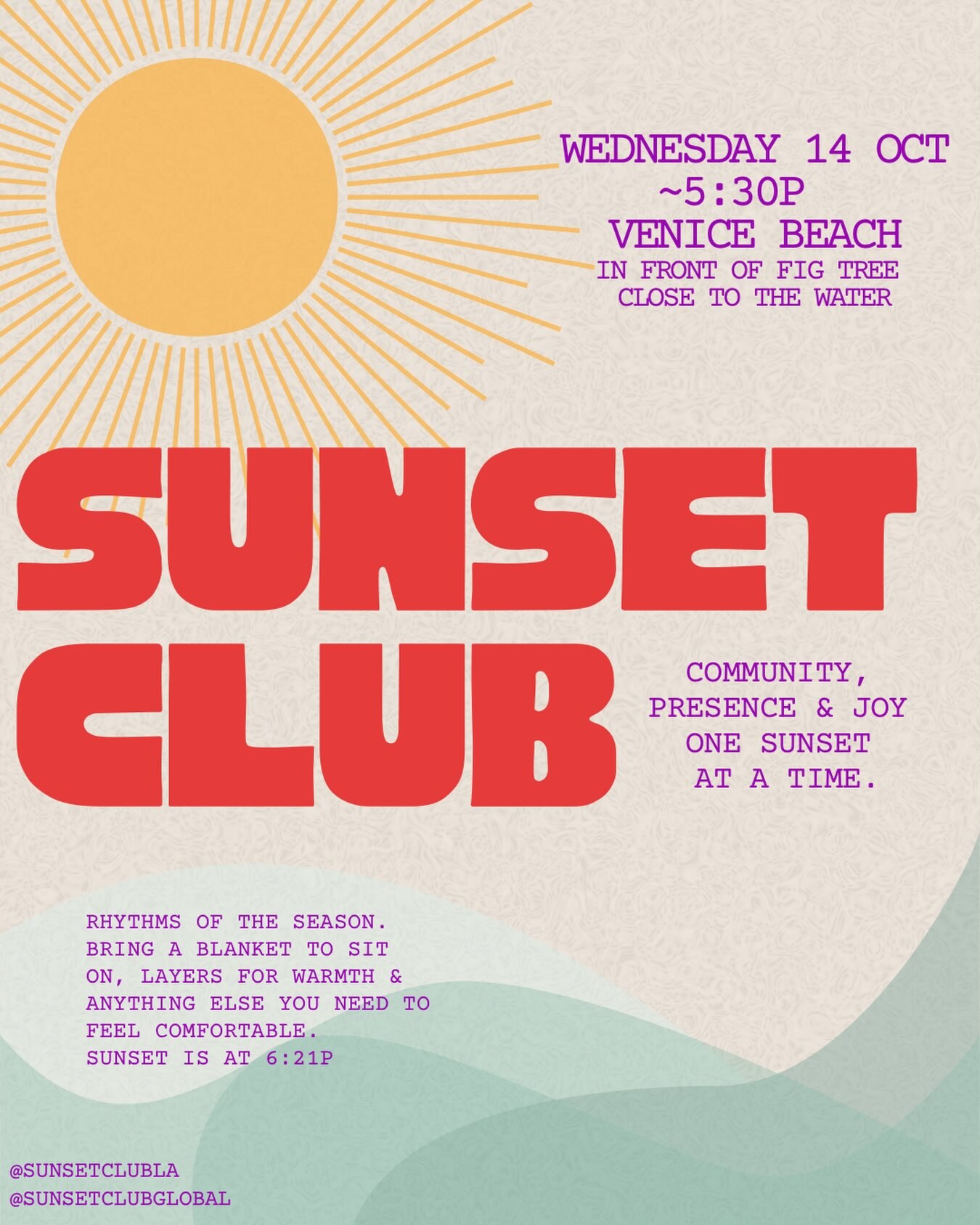 Sunset Club October gathering flyer for Venice Beach on October 14.