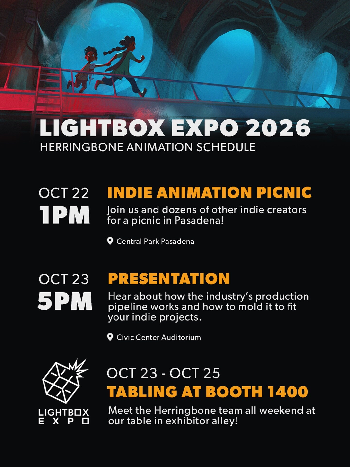 Herringbone Animation LightBox Expo 2026 schedule listing the October 22 indie animation picnic and October 23 presentation.