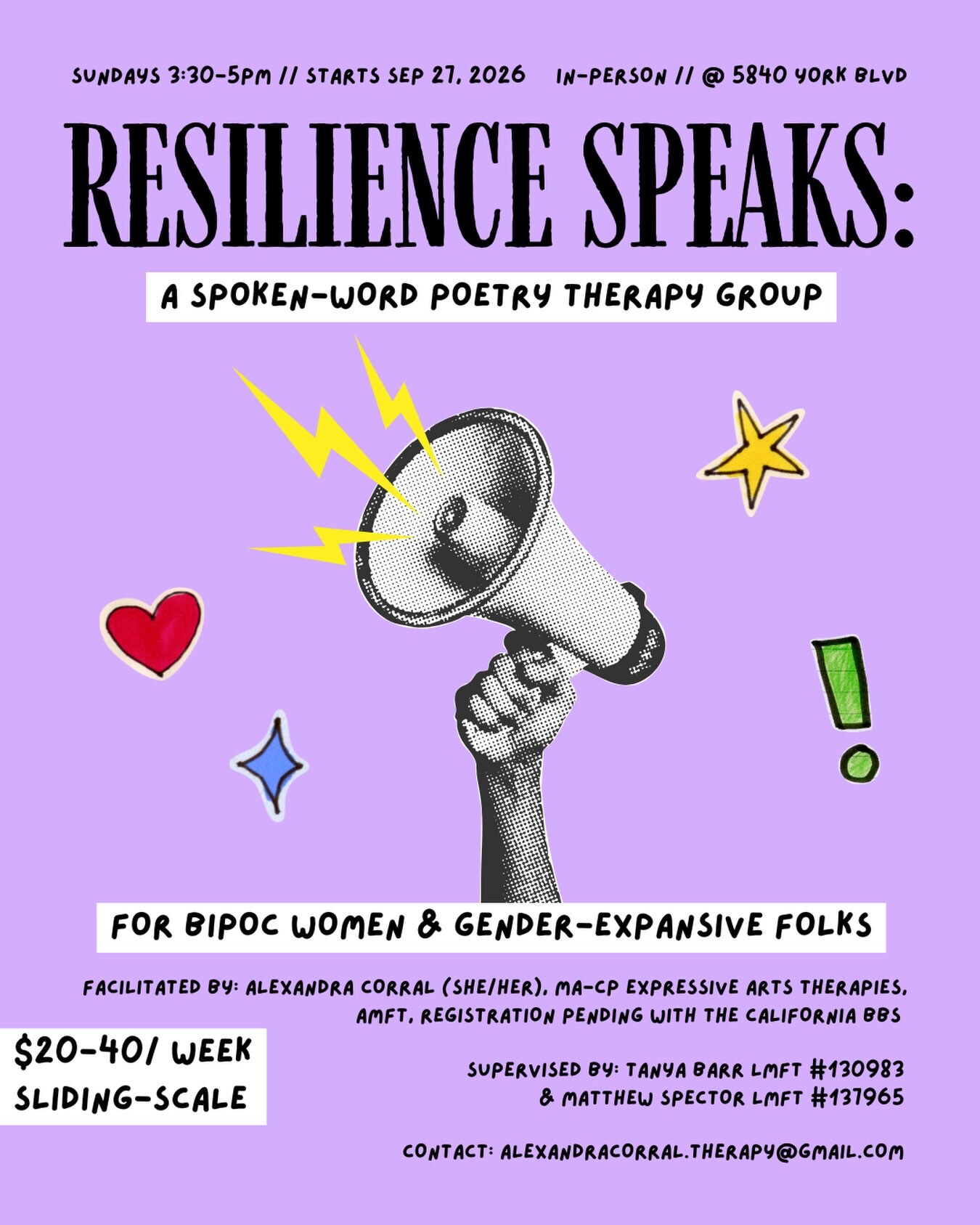 Resilience Speaks spoken-word poetry therapy group flyer with weekly Sunday schedule and registration contact