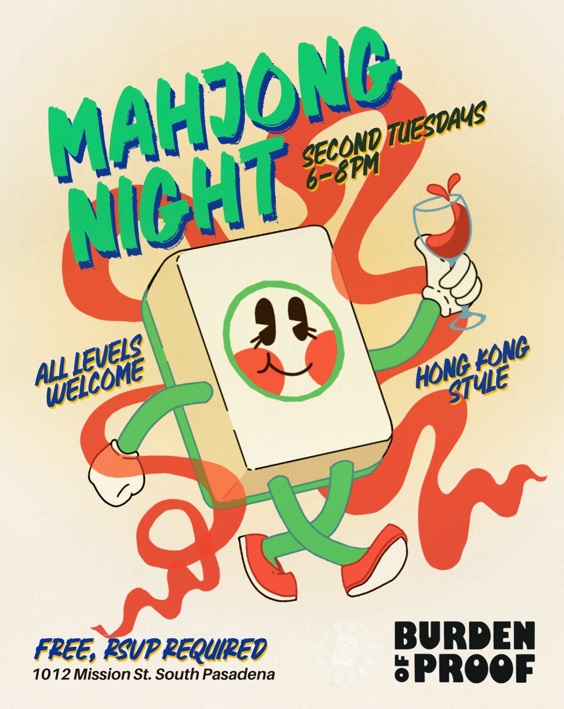 Mahjong Night flyer with a playful mahjong tile illustration