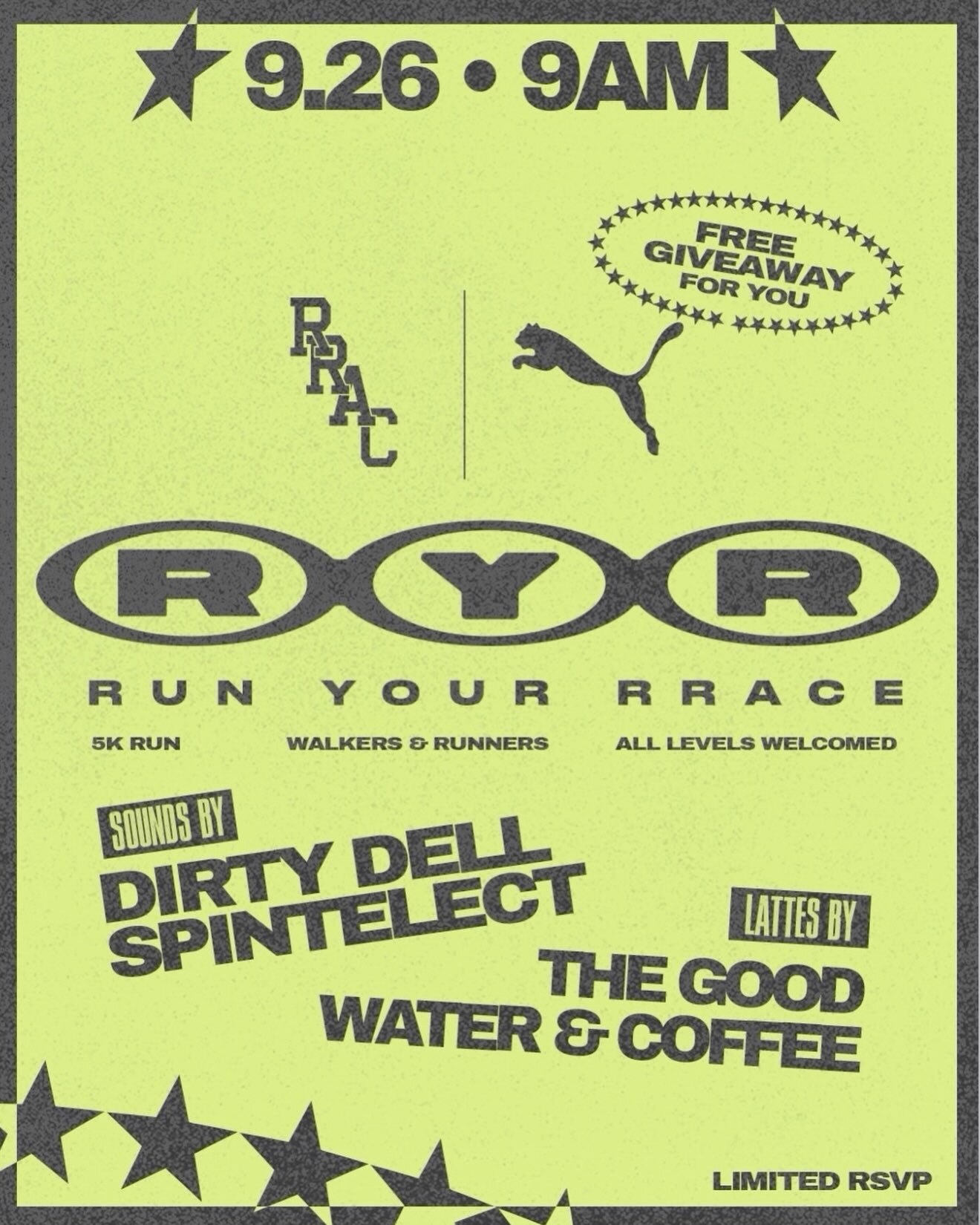 Run Your RRace 5K flyer with September 26 at 9 AM and partner names.