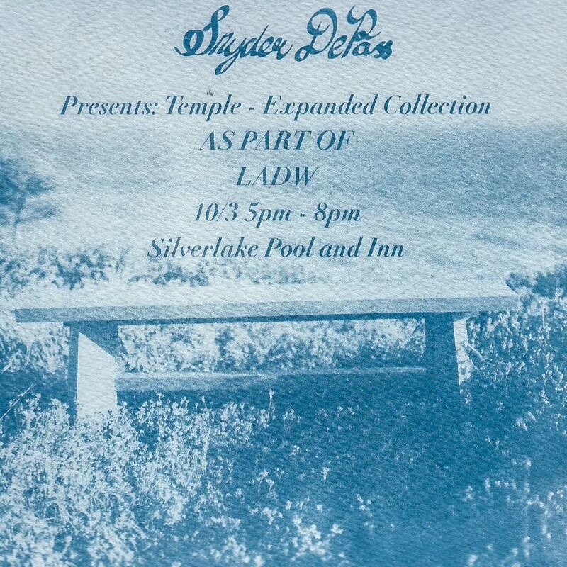 Blue monochrome flyer for Snyder DePass Temple expanded collection