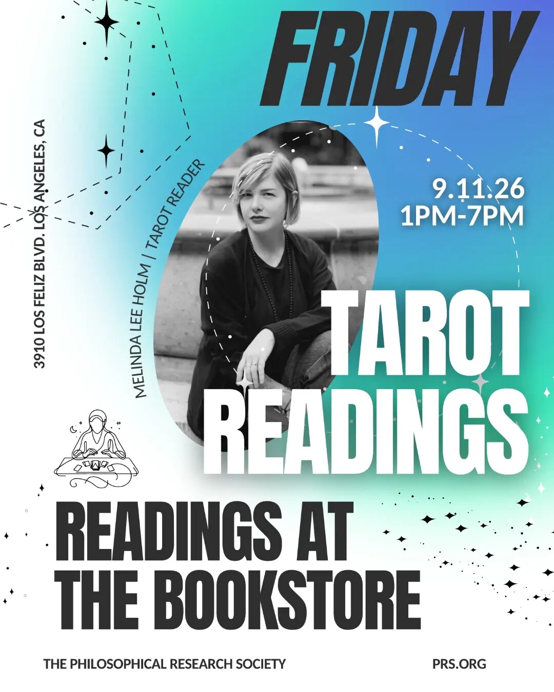 Friday tarot readings at the PRS bookstore flyer