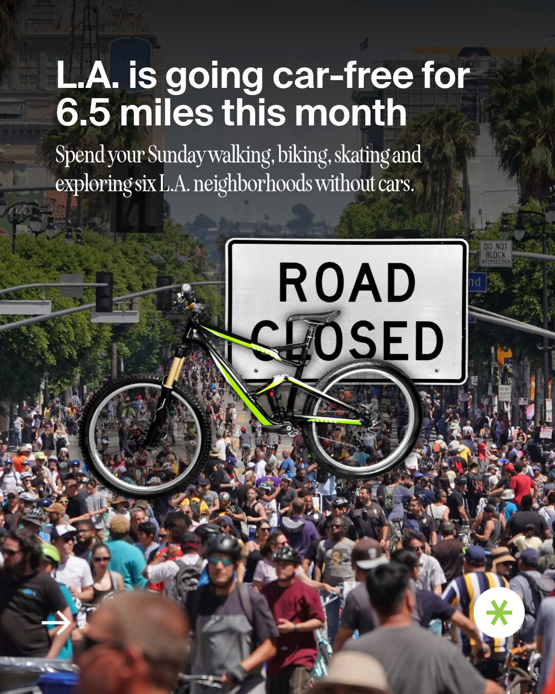 Cyclists and pedestrians fill a car-free Los Angeles street for CicLAvia