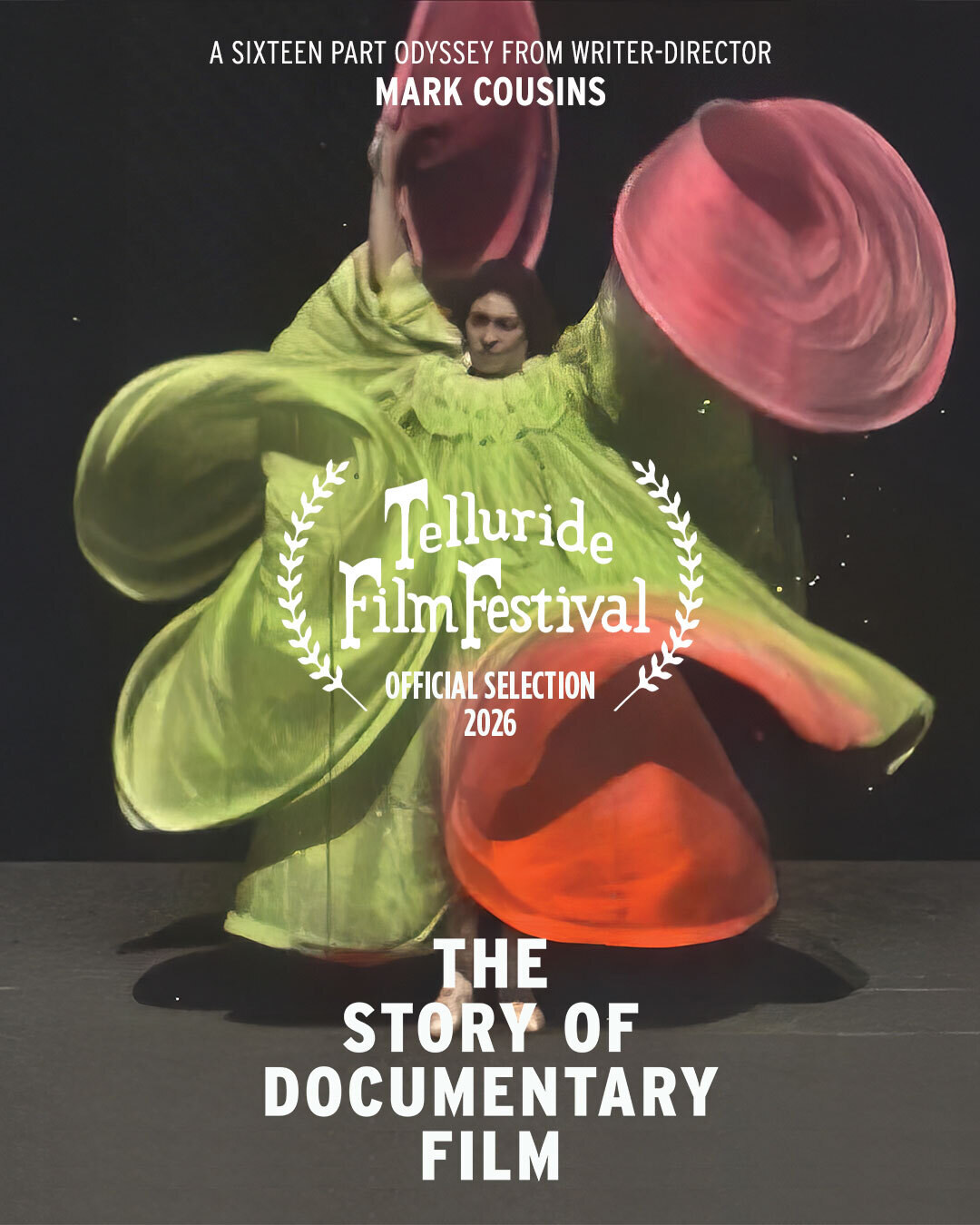 The Story of Documentary Film poster featuring a dancer in a multicolored flowing costume
