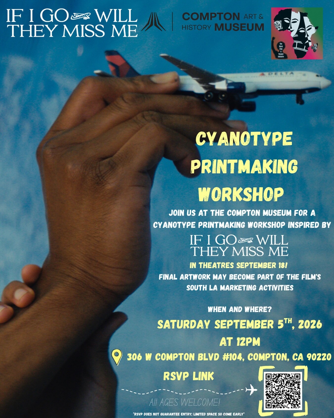 Blue cyanotype printmaking workshop flyer featuring an airplane for the September 5 Compton Museum event.