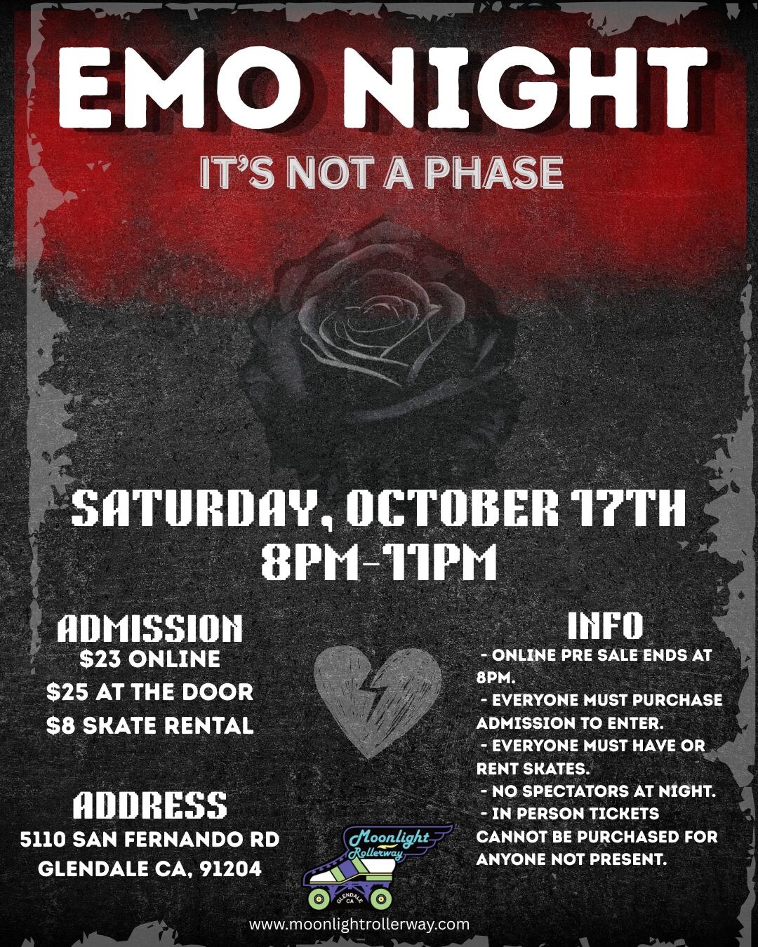 Emo Skate Night flyer for Moonlight Rollerway on October 17 from 8 to 11pm.