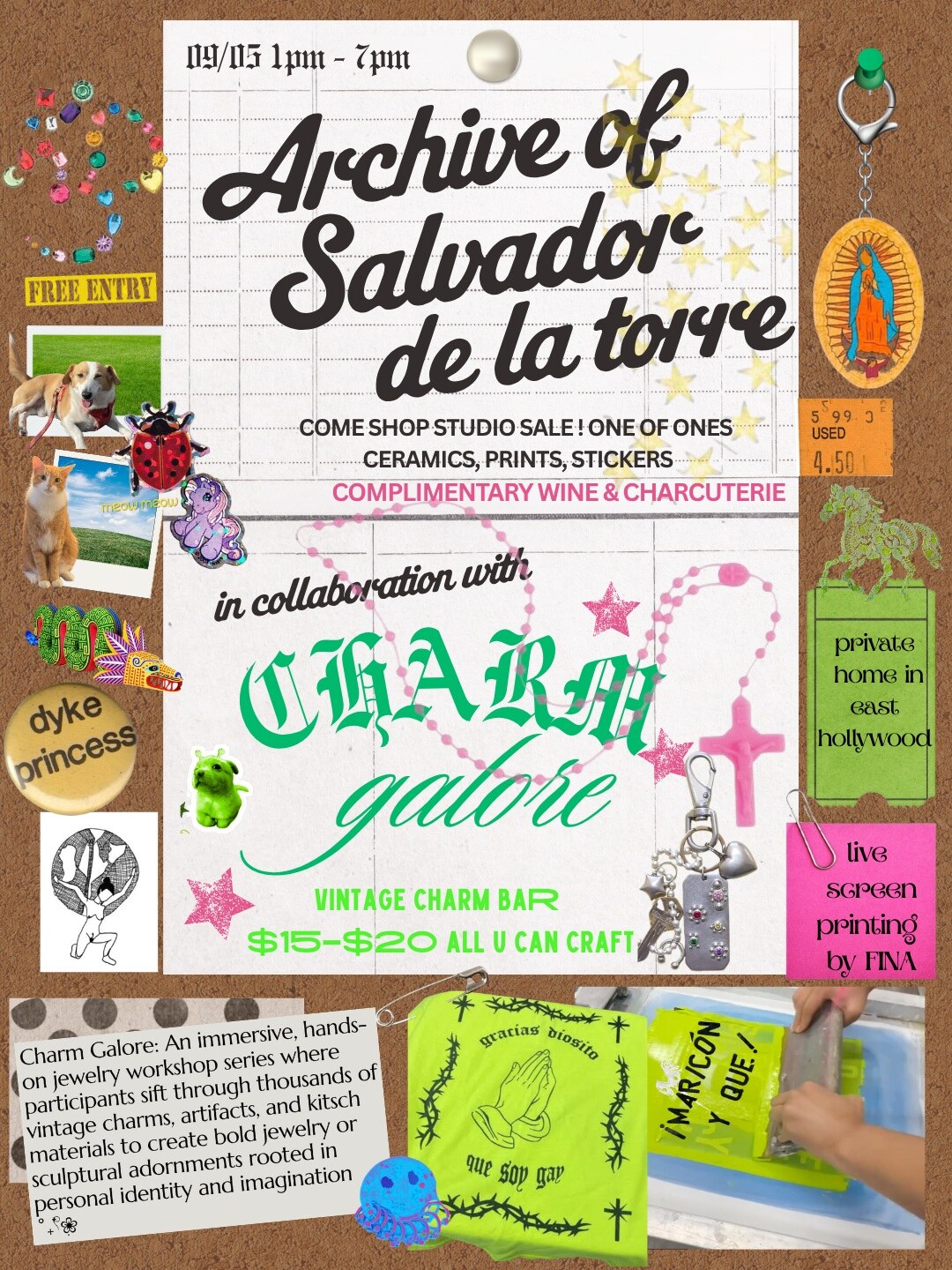 Collage flyer for Salvador de la Torre's September 5 archive sale and Charm Galore craft bar in East Hollywood.