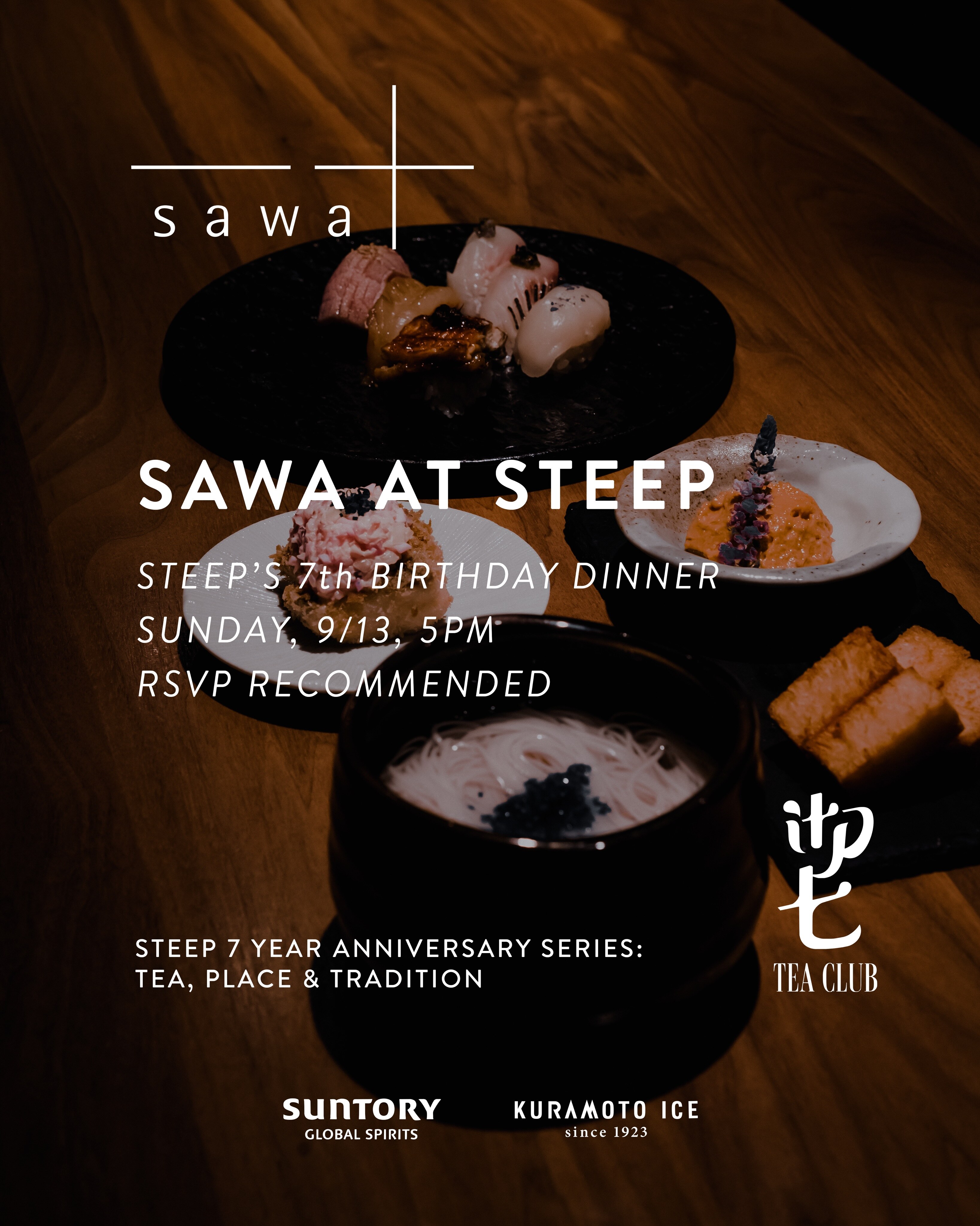SAWA at STEEP seventh birthday dinner flyer for Sunday September 13