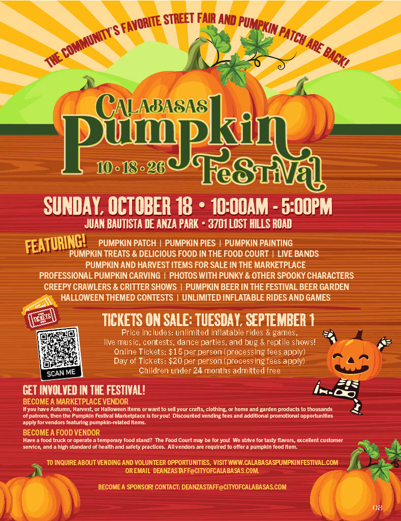 Calabasas Pumpkin Festival flyer for October 18, 2026, 10 a.m. to 5 p.m. at Juan Bautista de Anza Park.
