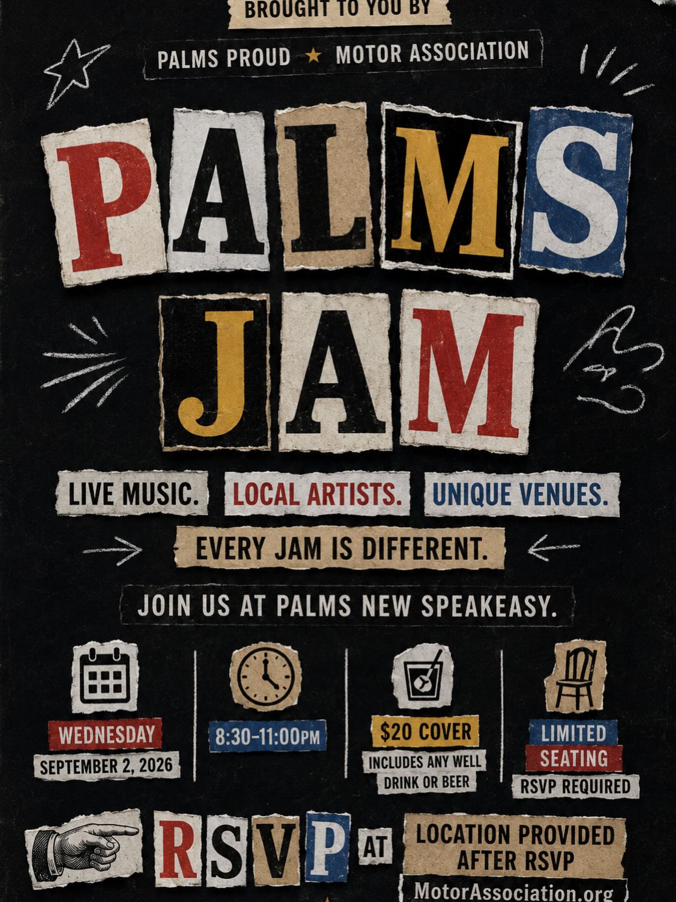 Palms Jam flyer with live music, food, drinks and September 2 details