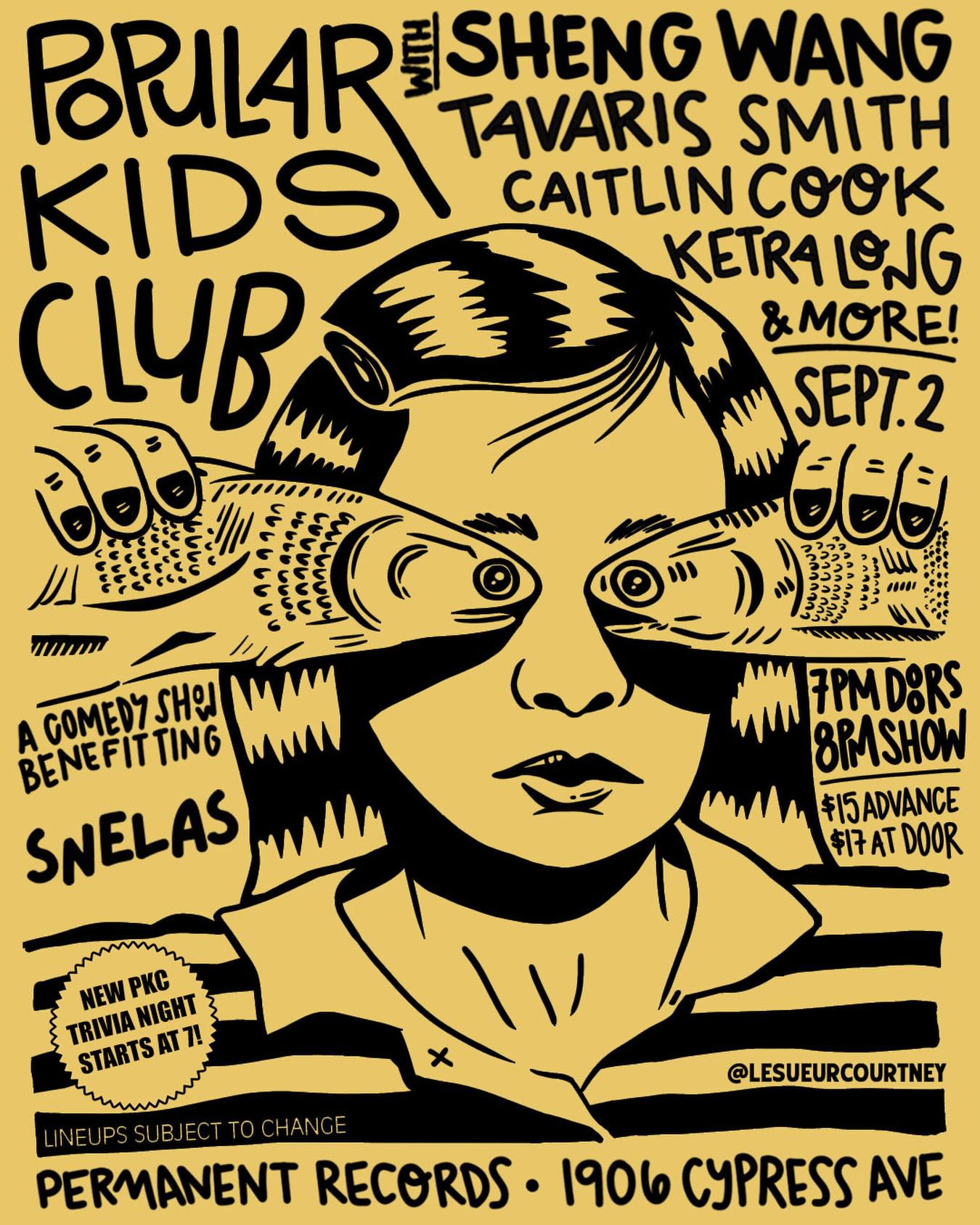 Popular Kids Club flyer with comedian lineup and September 2 schedule